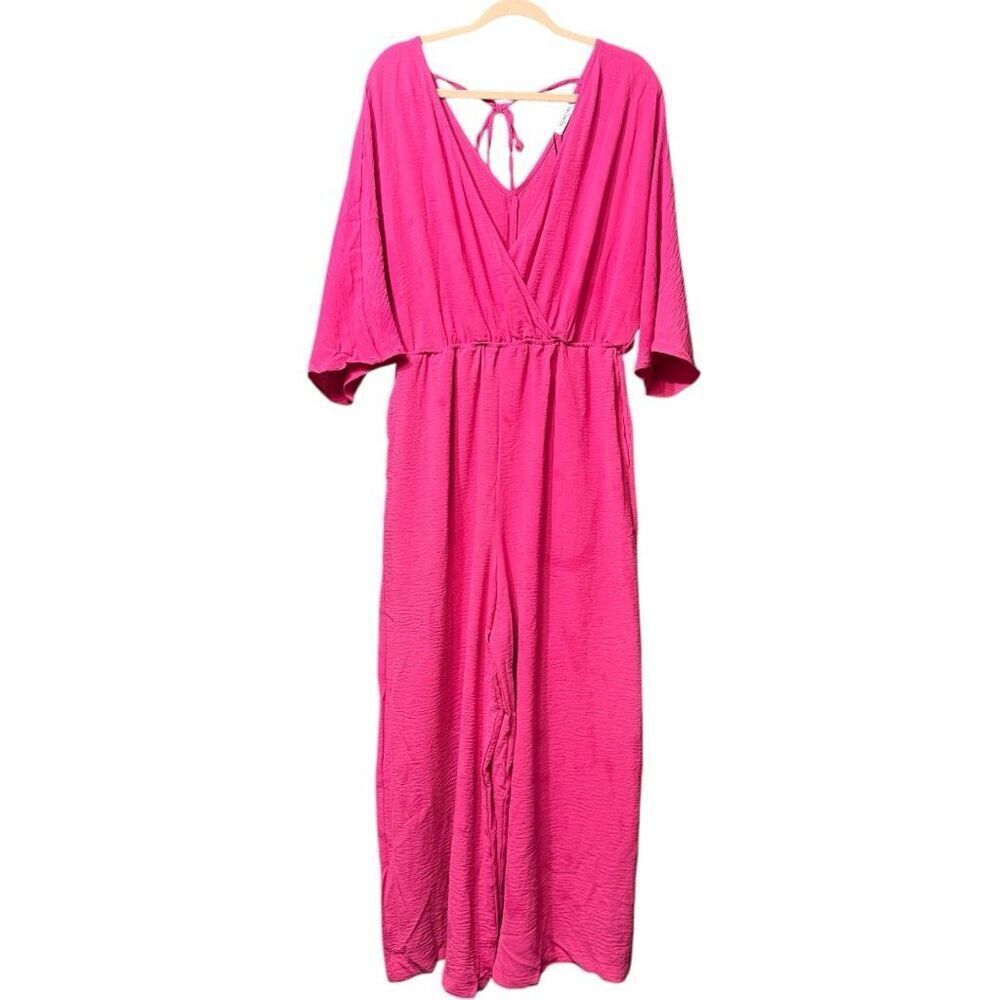 Hot Pink Surplice Wide Leg Dolman Sleeve Jumpsuit with Pockets NWT - Picture 14 of 14